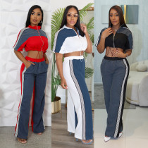 Cowboy patchwork color stand up collar zipper top wide leg pants two-piece set