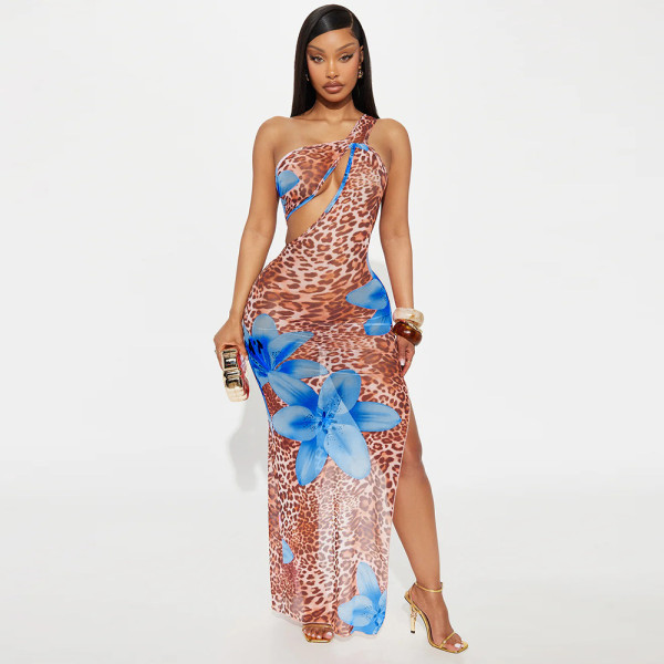 Slant neck hollowed out see through mesh printed dress
