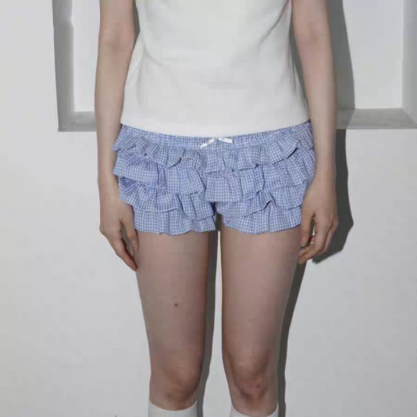 Low waisted multi-layer wavy lace checkered cake shorts