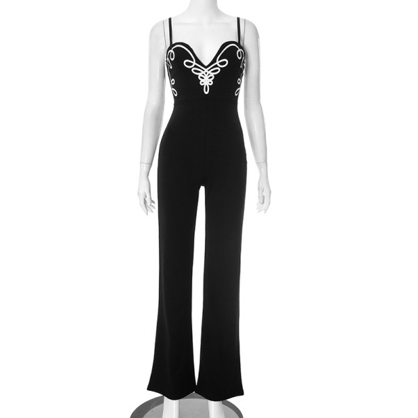 Strapless camisole V-neck offset printed zipper loose micro flared jumpsuit