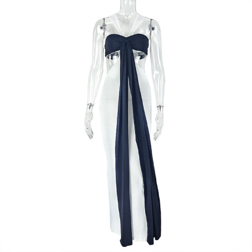 Splicing pleated hip hugging skirt strap V-neck dress