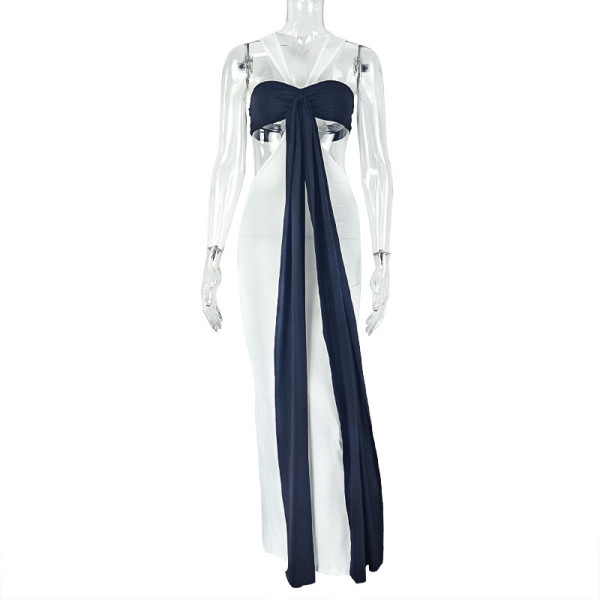 Splicing pleated hip hugging skirt strap V-neck dress