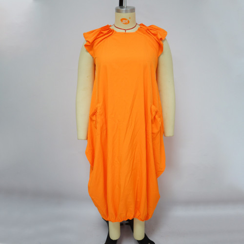 Large size double pocket loose dress