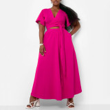 Solid color flared sleeve V-neck split two-piece set