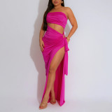 Solid color slanted neck strapless slit dress