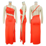 Solid color slanted neck strapless slit dress