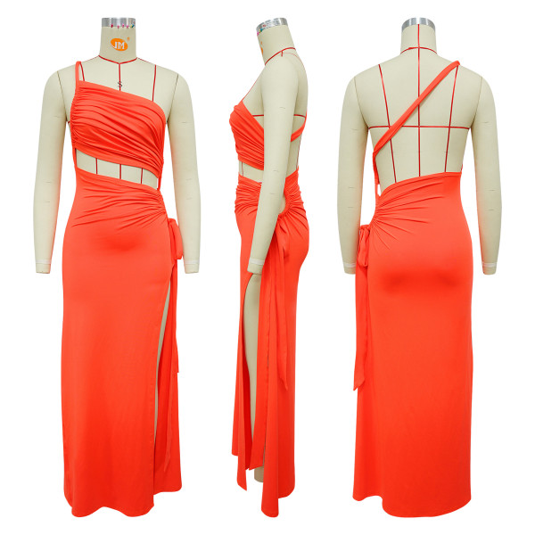 Solid color slanted neck strapless slit dress