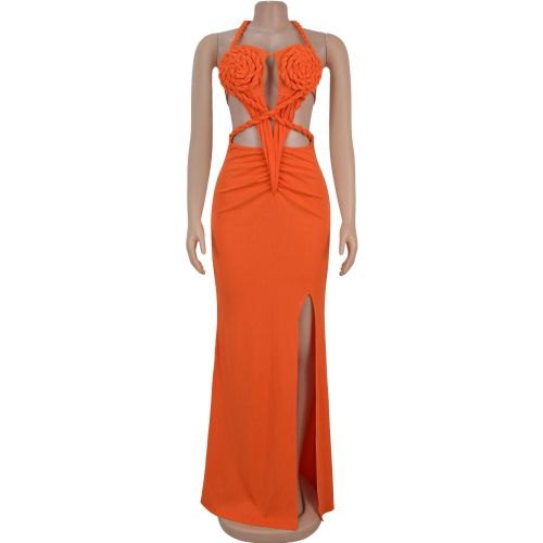 Knitted neck hanging backless solid color dress