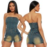 High stretch washed denim strapless one shoulder jumpsuit
