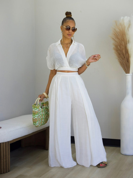 Collar short top high waist wide leg pants set