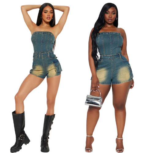 High stretch washed denim strapless one shoulder jumpsuit