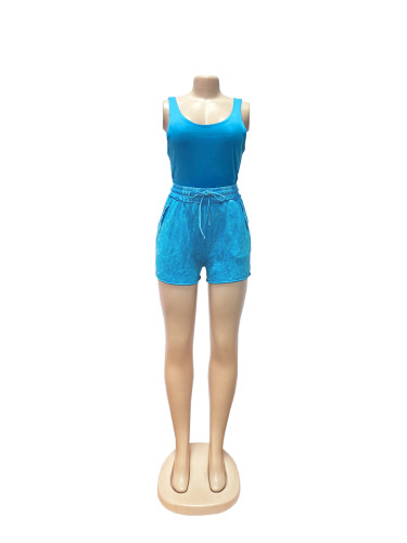 Thickened cotton washed shorts vest two-piece set