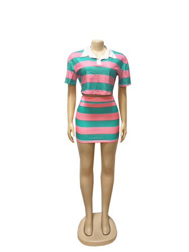 Stripe contrasting color exposed navel short lapel top, hip hugging short skirt set