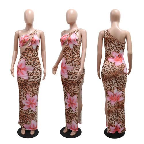Slant neck hollowed out see through mesh printed dress
