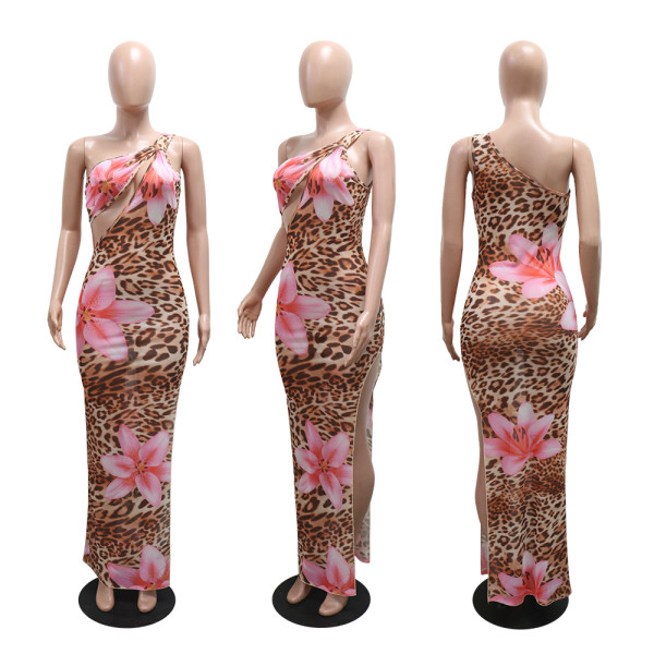 Slant neck hollowed out see through mesh printed dress