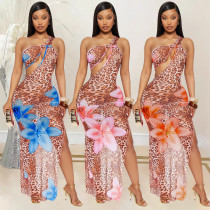 Slant neck hollowed out see through mesh printed dress