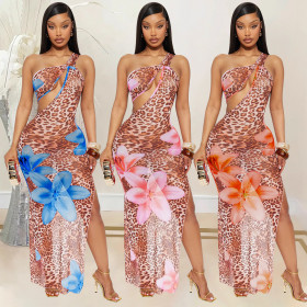 Slant neck hollowed out see through mesh printed dress