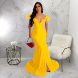 V-neck sleeveless slit fishtail skirt