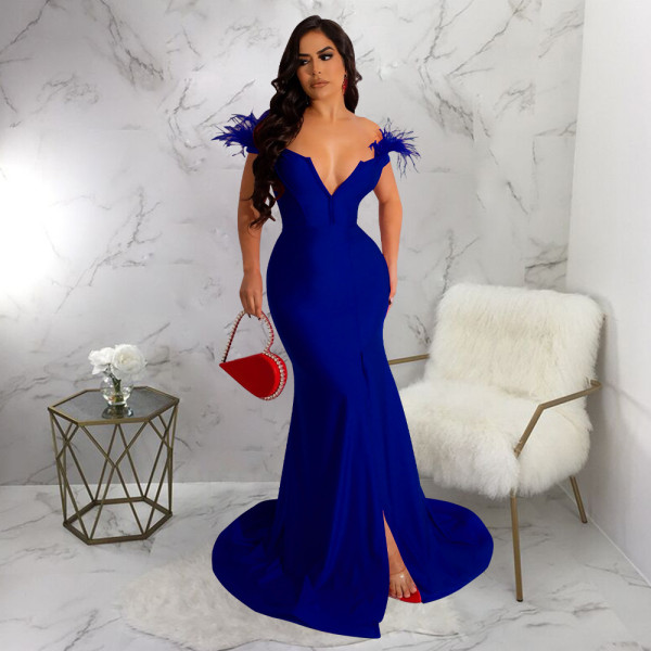 V-neck sleeveless slit fishtail skirt