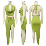 Hanging neck swinging collar high slit skirt set