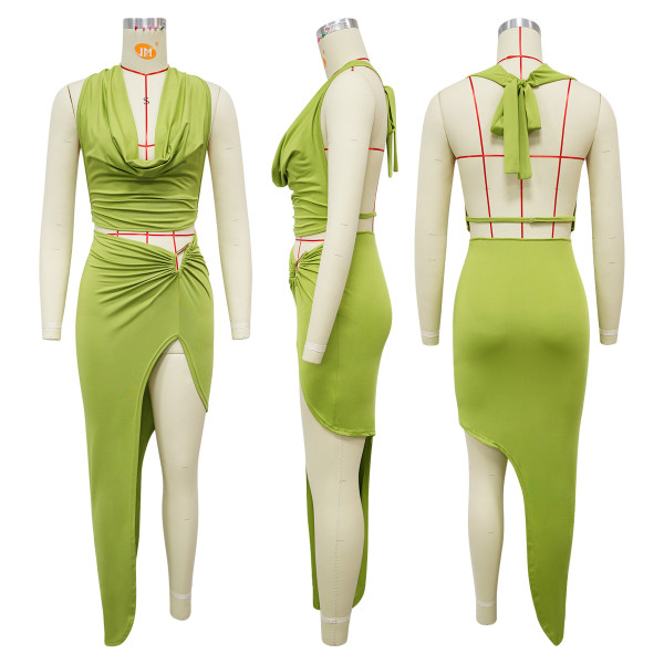 Hanging neck swinging collar high slit skirt set