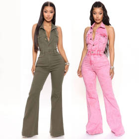 High stretch backless lapel workwear pants jumpsuit