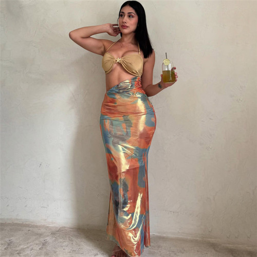 Bright color neck tie, hip hugging suspender dress