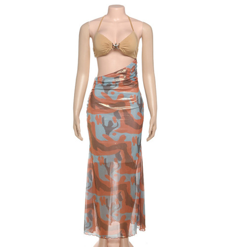 Bright color neck tie, hip hugging suspender dress