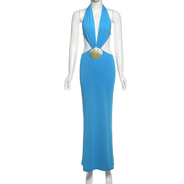 Solid color deep V-neck halter backless slim fit dress