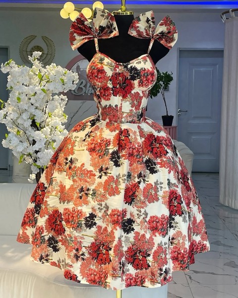 Floral suspender bow high waisted A-line dress short skirt
