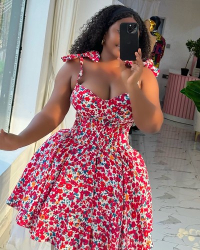 Floral suspender bow high waisted A-line dress short skirt