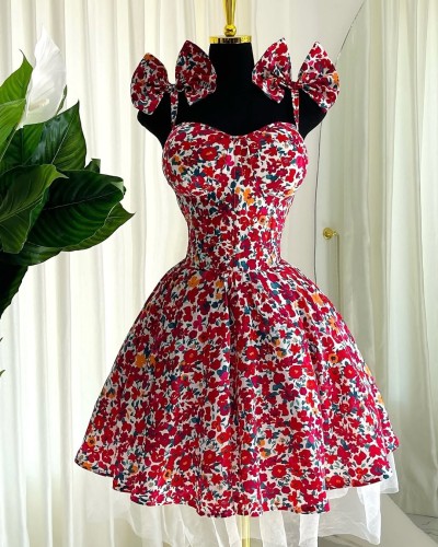 Floral suspender bow high waisted A-line dress short skirt