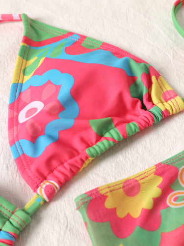 Printed strap bikini three piece swimsuit set