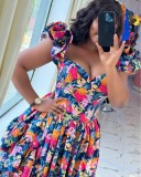 V-neck printed high waisted lace sleeve irregular dress