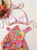 Printed strap bikini three piece swimsuit set
