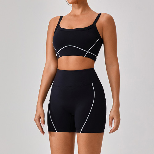 Thin shoulder strap contrasting suspender yoga suit shorts set