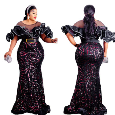 One shoulder rose glitter fish tail long skirt