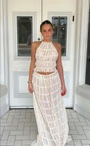 Backless hanging neck pleated lace vest long skirt set