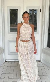 Backless hanging neck pleated lace vest long skirt set