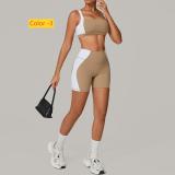 Backless yoga suit, color blocked tight fitting quick drying exercise set
