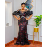 One shoulder rose glitter fish tail long skirt