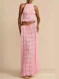Backless hanging neck pleated lace vest long skirt set