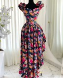 V-neck printed high waisted lace sleeve irregular dress