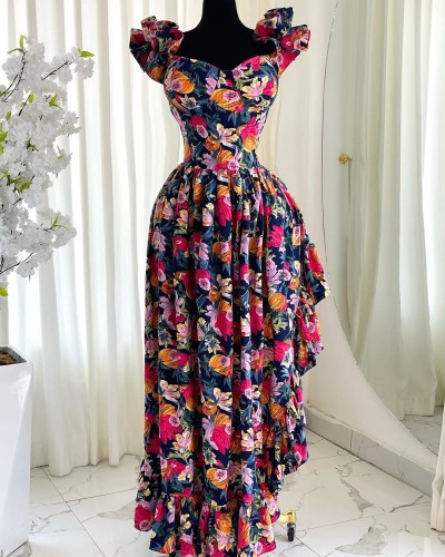 V-neck printed high waisted lace sleeve irregular dress