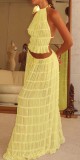 Backless hanging neck pleated lace vest long skirt set