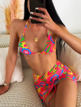 Printed strap bikini three piece swimsuit set
