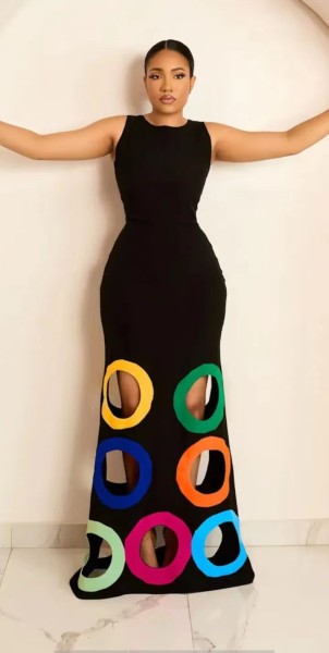 Round neck sleeveless color blocked hollow print A-line long dress