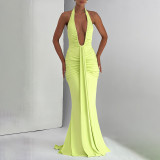 Deep V-neck hanging neck pleated dress