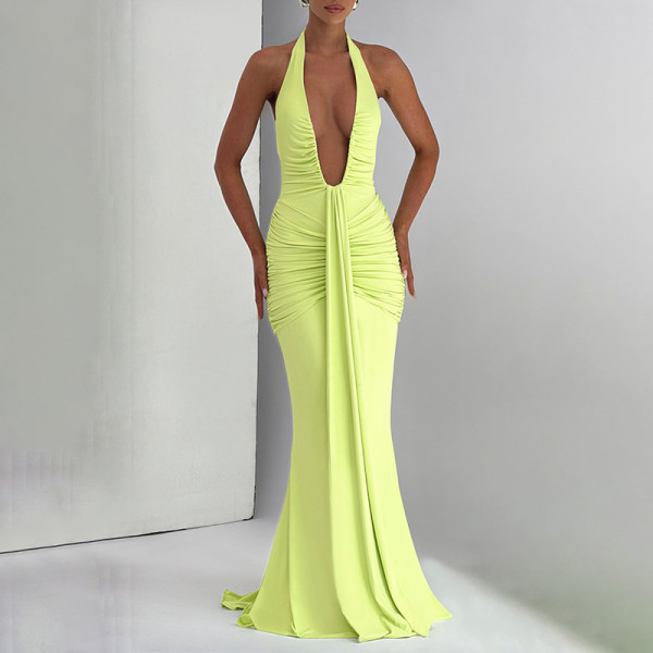 Deep V-neck hanging neck pleated dress