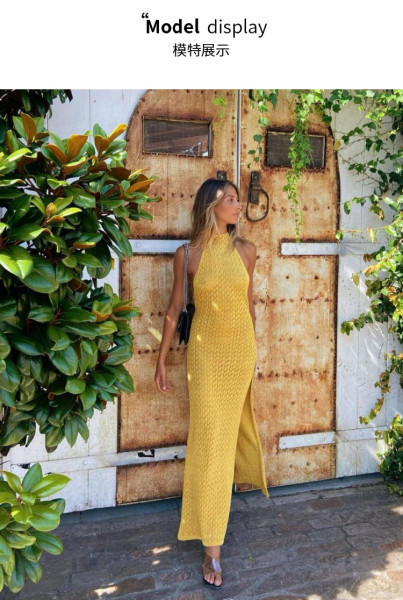 Split knit dress with hollowed out neck strap and beach long skirt